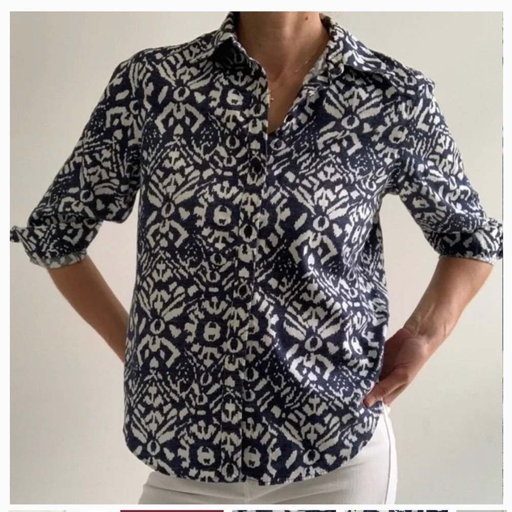 Lauren Ralph Lauren No-Iron Button Down Blouse Blue Ikat Print Sz XXS - Picture 3 of 13